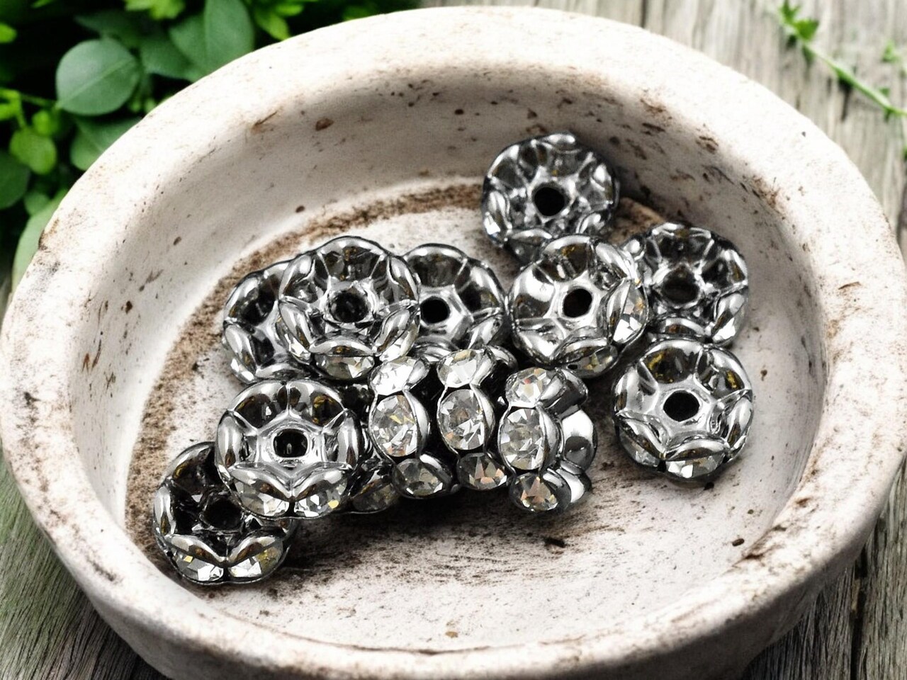 Gunmetal w/ Crystal Rhinestone Wavy Edge Rondelle Spacer Beads